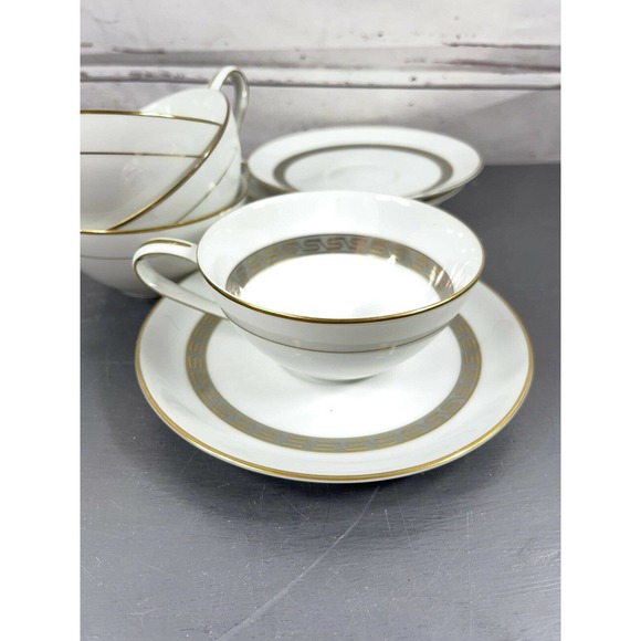 Noritake Japan 4 Cup and Saucers Set Bowl Grey Gold Greek Key Hartford 5944 - Picture 2 of 9
